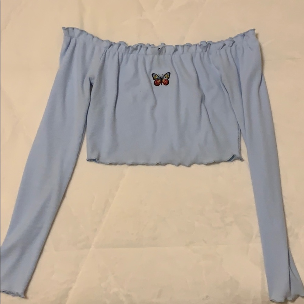 Butterfly embroidered Blue Crop Top